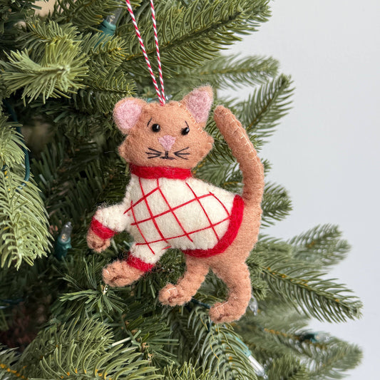 Tan Cat in Sweater Felt Wool Christmas Ornament